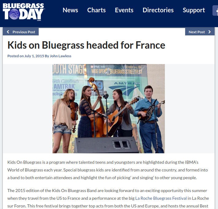 Un article de Bluegrass Today sur la venue d'un groupe de Kids On Bluegrass à la Roche Bluegrass Festival, 2015. - Jam Hall